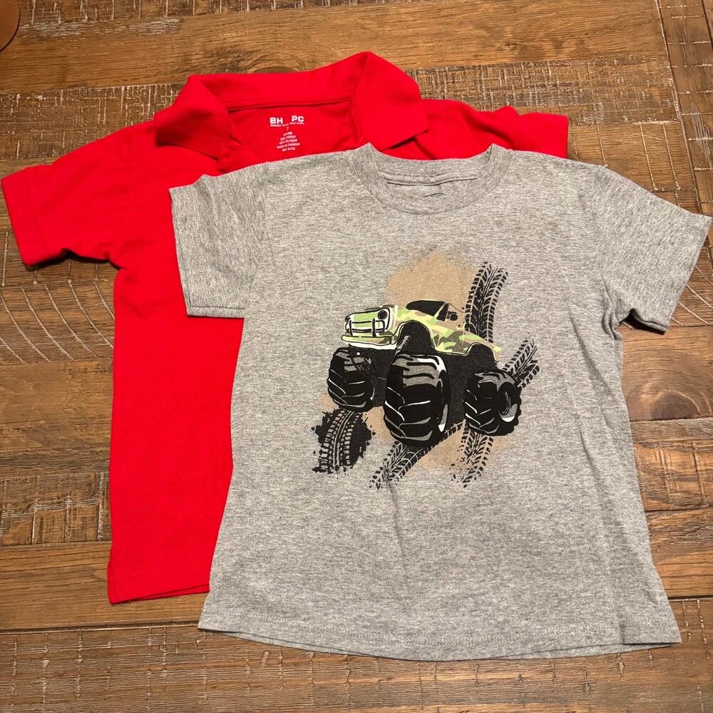 Lot of 2 Boys size 7 Shirts Red Polo Collar Shirt and Gray Monster Truck T-Shirt